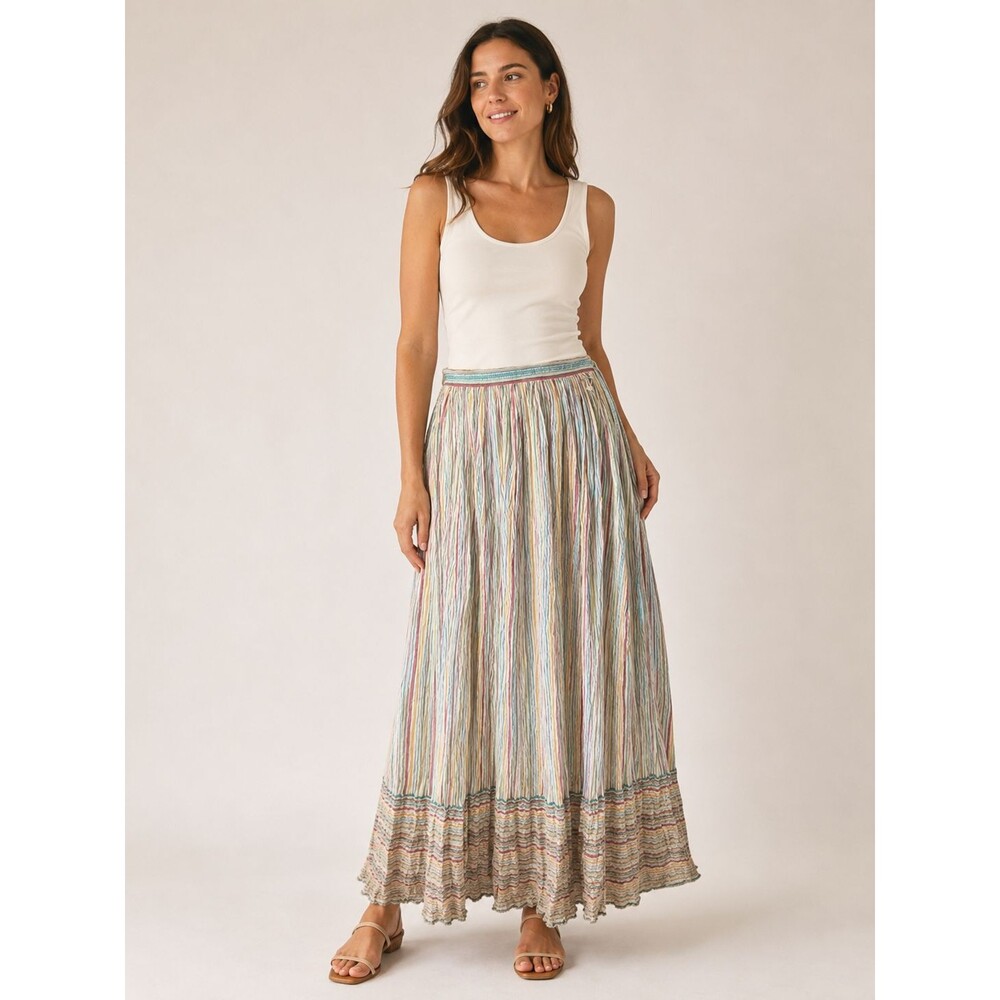 Autograft NY Vintage Multicolored Striped Crinkle Cotton Boho Peasant Skirt Sz L